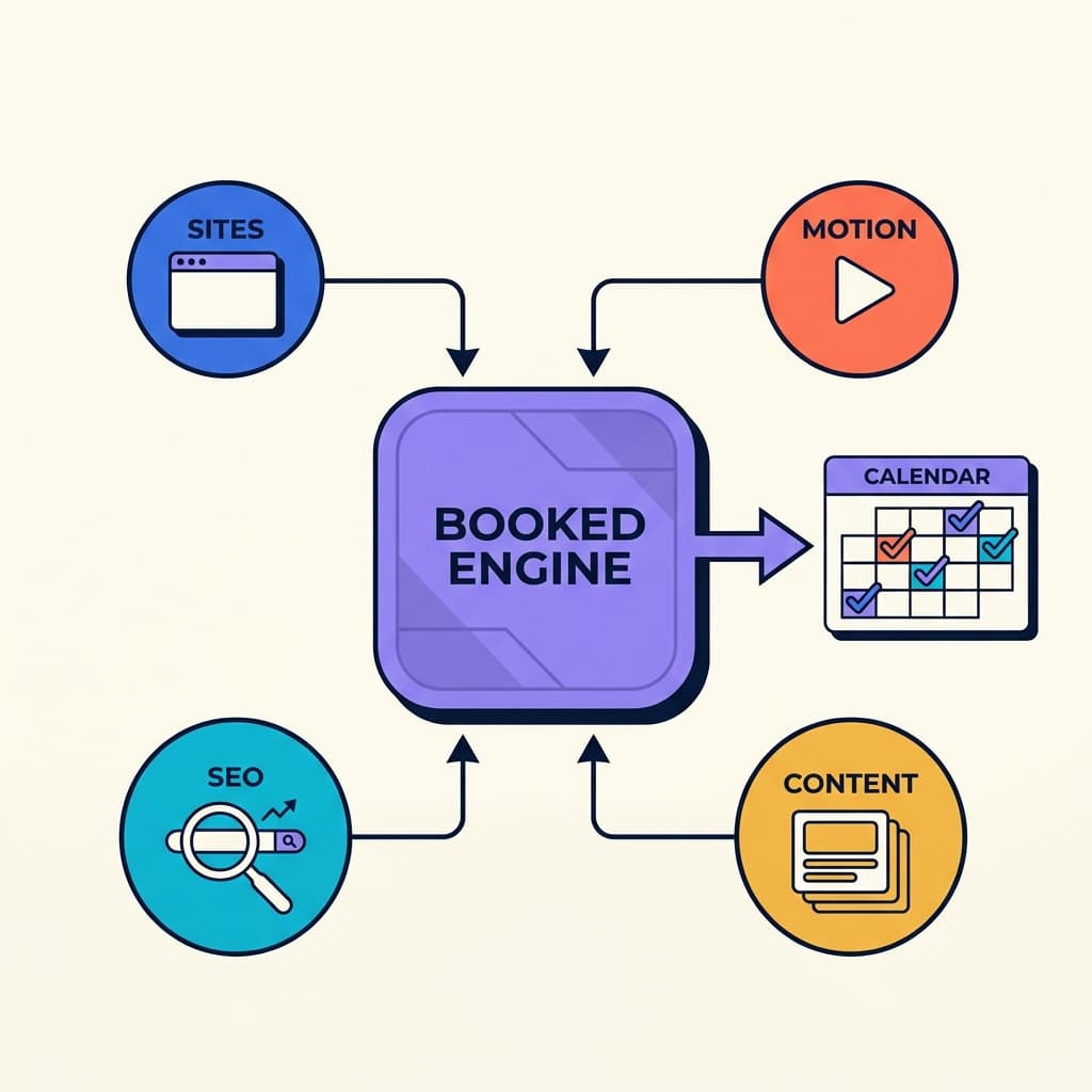 The Jellocat Booked Engine: Sites, SEO, Motion and Content feeding one engine that books customers